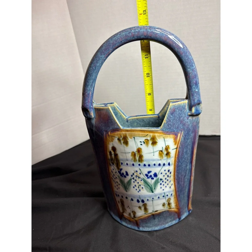 Handcrafted Ceramic Vase with Handle, Flower‎ Design Pottery Decor Accent